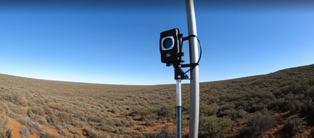 Photorealistic image, wide-angle 18mm, sharp focus: A camera trap mounted on a metal pole stands sentinel in a semi-arid Australian heathland landscape under a wide, clear sky.