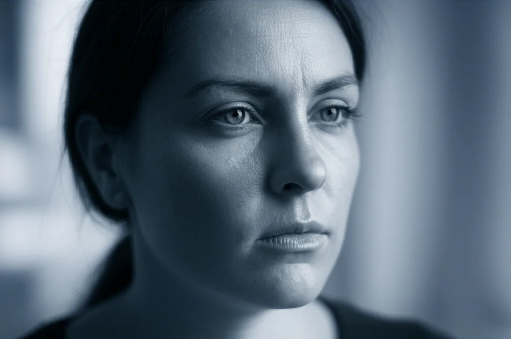35mm portrait of a woman, thoughtful expression, depth of field, blue and grey duotones, representing the burden of health conditions.