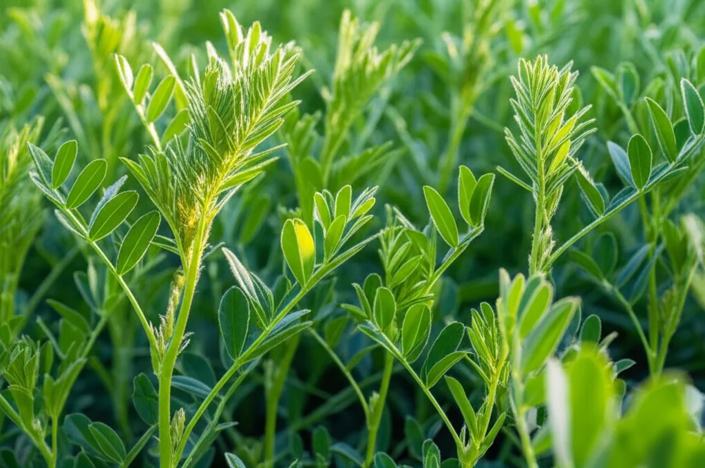 Macro lens, 105mm, High detail, precise focusing, controlled lighting: Close-up of healthy, green legume plants, possibly Alfalfa or Sophora, ready for harvest.