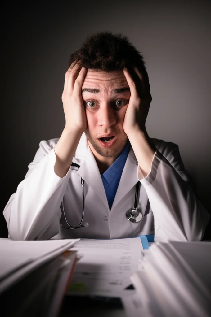 Photorealistic image of a young intern doctor looking stressed and overwhelmed by paperwork, 60mm macro lens, high detail, controlled lighting, focusing on the doctor's hands and piles of documents.