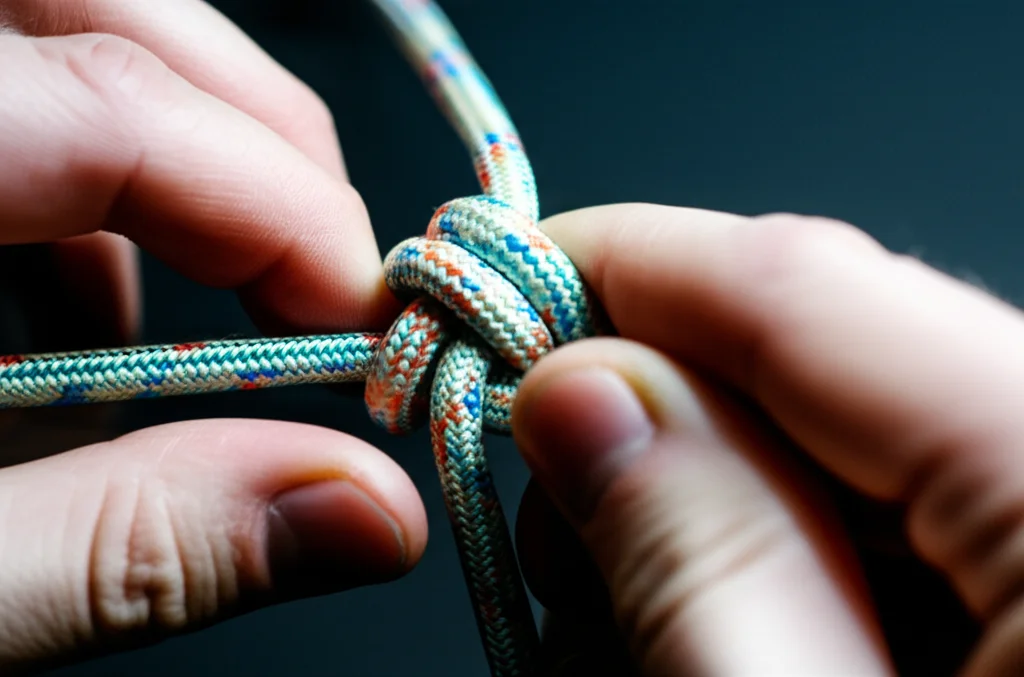 A hand untangling a complex knot, macro lens, 60mm, high detail, controlled lighting