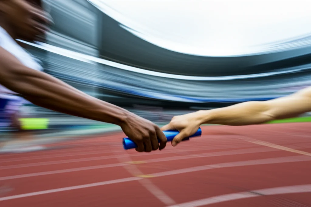 Two hands passing a baton in a relay race, motion telephoto zoom 100mm, fast shutter speed, movement tracking