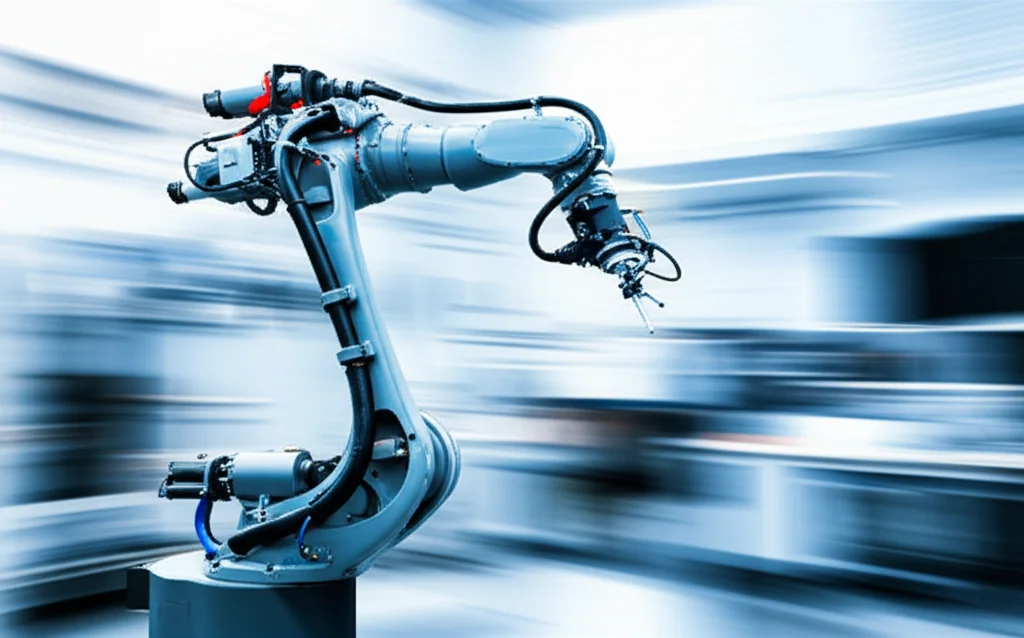 A sleek industrial robotic arm performing a complex, smooth trajectory in a brightly lit modern research lab, telephoto zoom, fast shutter speed, movement tracking, high detail, precise focusing, controlled lighting.