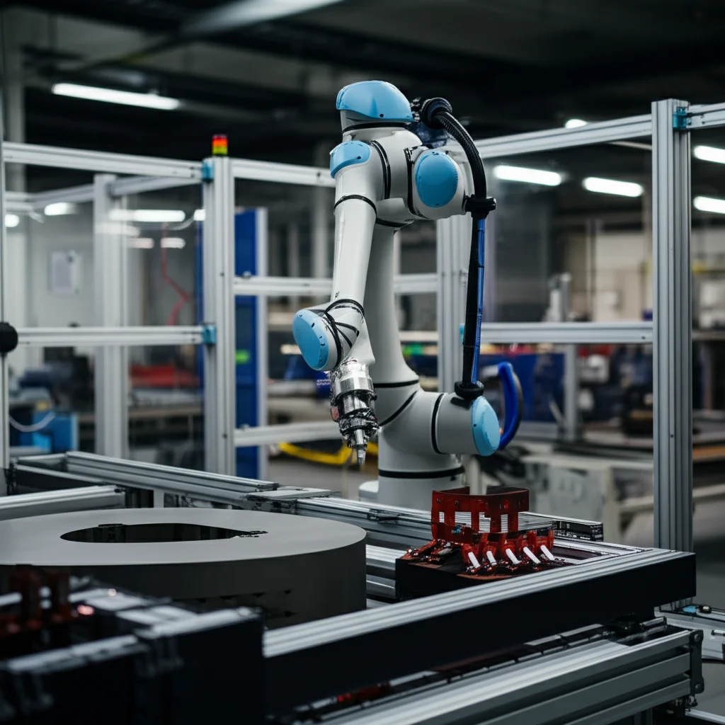A Universal Robots UR5e robotic arm precisely tracking a complex path in a manufacturing setting, telephoto zoom, fast shutter speed, movement tracking, showcasing smooth motion and controlled lighting.