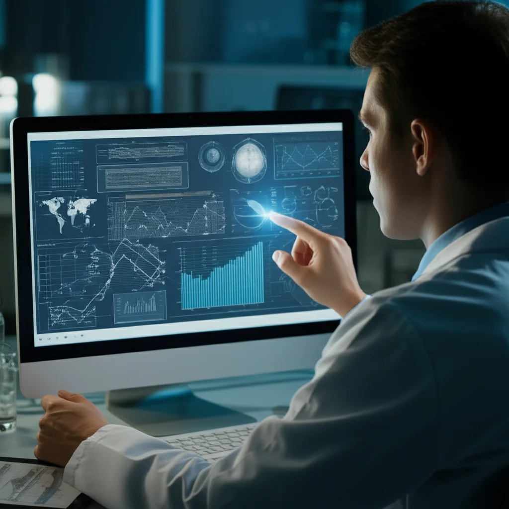 Precise focusing, controlled lighting image of a scientist using a graphical user interface on a computer screen displaying complex scientific data analysis results.