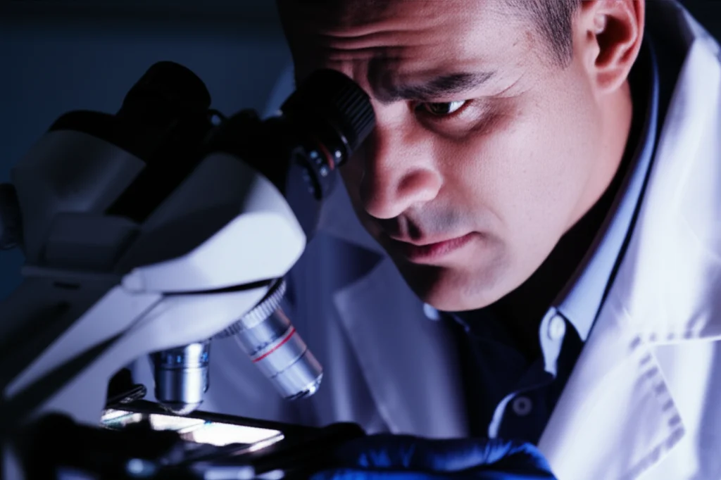 Photorealistic image of a pathologist looking through a microscope at tissue slides, controlled lighting, high detail, 60mm macro lens.