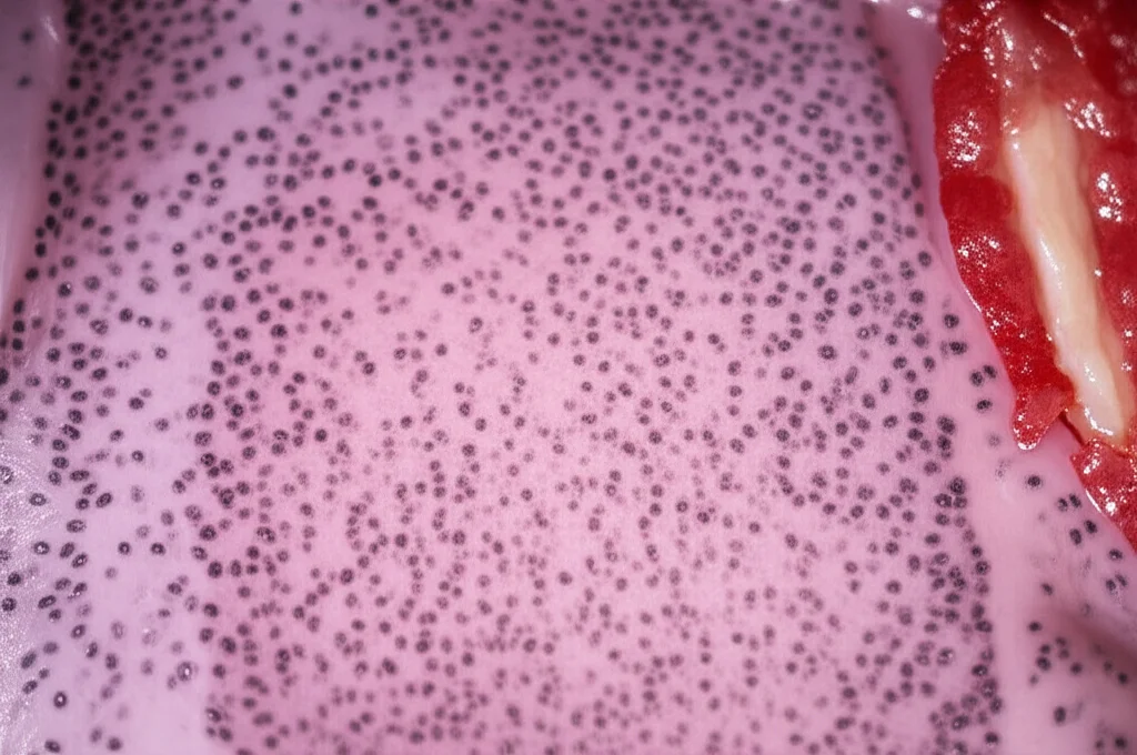 Photorealistic close-up image of a surgical specimen with small nodules on the surface, highlighting potential peritoneal metastases, high detail, 60mm macro lens.