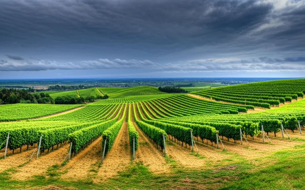 Photorealistic image, wide-angle landscape, 24mm, sharp focus, rolling vineyards under a dramatic, changing sky, hinting at climate challenges.