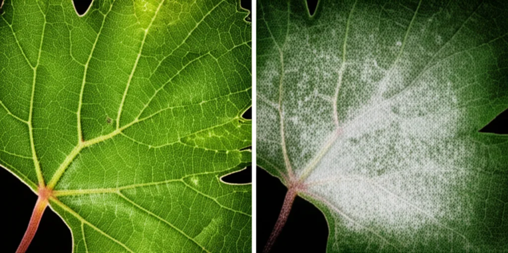 Photorealistic image, macro lens, 100mm, high detail, precise focusing, a close-up of a healthy, vibrant grapevine leaf next to a diseased leaf affected by powdery mildew.