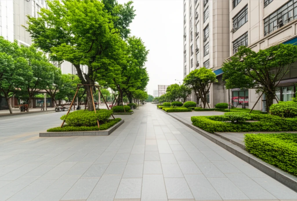 Photorealistic image captured with a 35mm lens showing a typical street scene in Jinan, focusing on the built environment elements like buildings, sidewalks, and greenery, representing the street view data source.