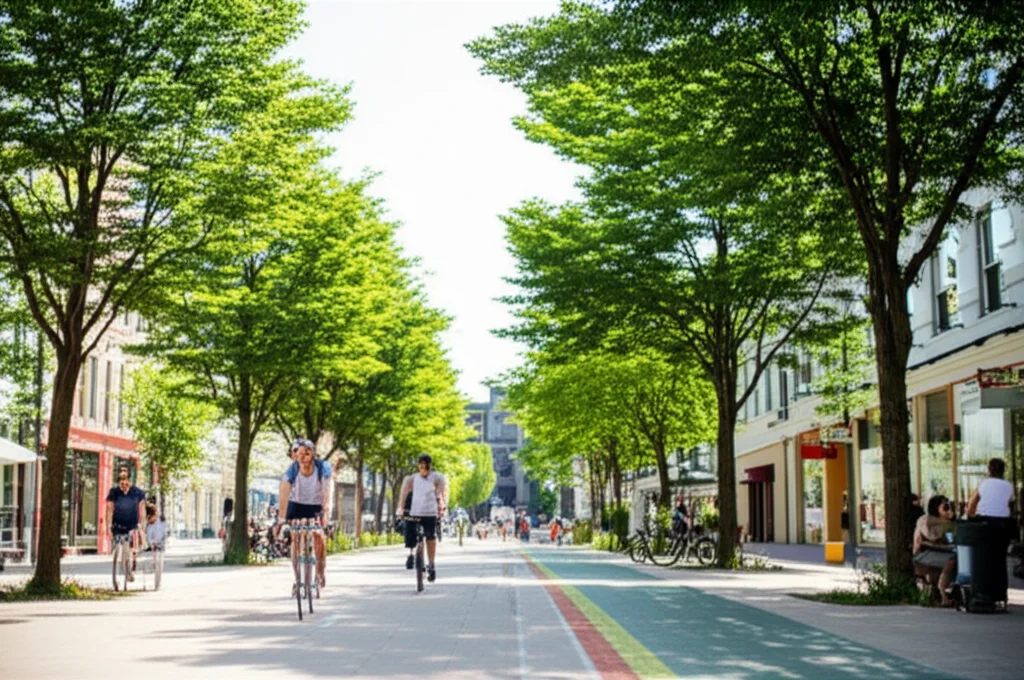 Photorealistic image using a 24mm lens showing a pedestrian-friendly street with ample green space and trees, suggesting a low-carbon commuting environment.