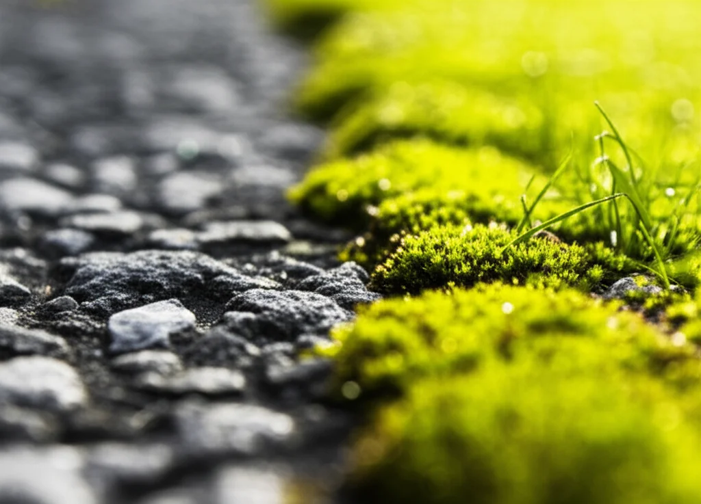 Photorealistic image using a 60mm Macro lens showing detailed textures of a street surface next to a green space, illustrating the micro-level built environment analysis.