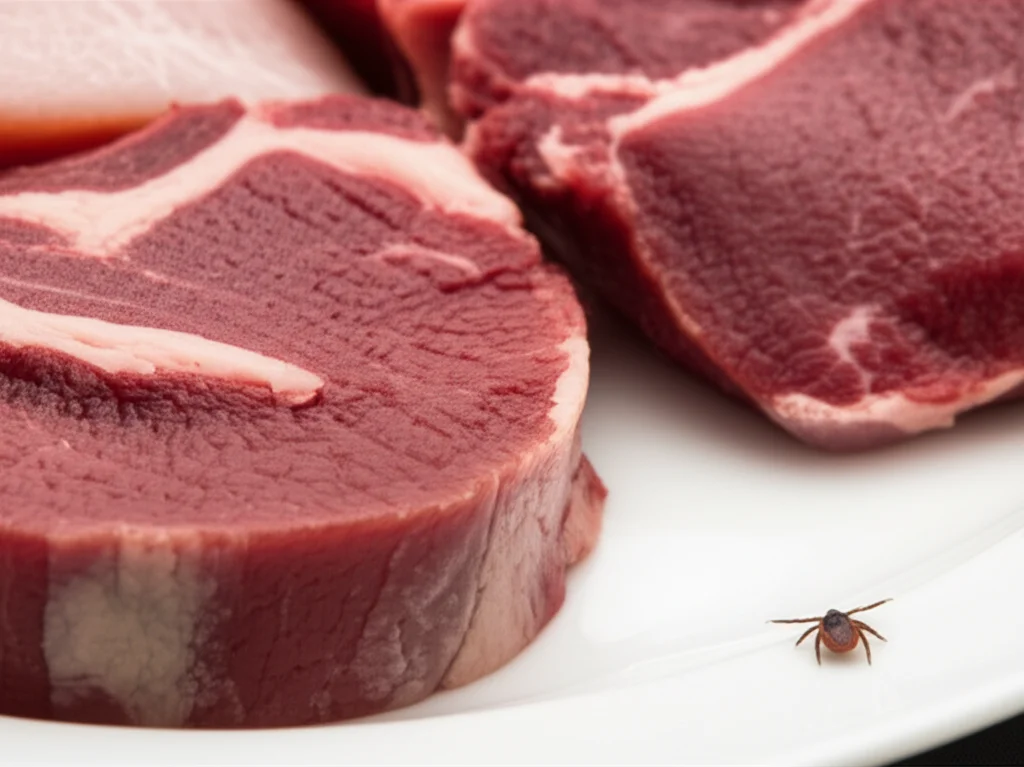 A photorealistic still life, 100mm Macro lens, precise focusing, controlled lighting, showing a plate with different types of red meat (beef, pork, mutton) and a single tick visible nearby on the plate edge.