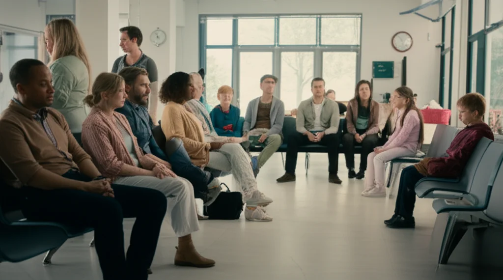 A photorealistic scene, 24mm lens, showing a diverse group of people (adults and children) sitting in a brightly lit, clean clinic waiting room, some looking thoughtful or concerned, representing the patient population.