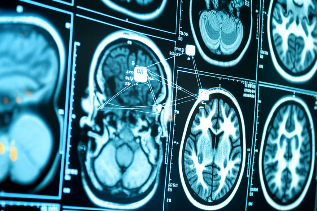 Close-up of a computer screen displaying detailed multi-modal brain MRI scans and a deep learning network diagram, 60mm macro lens, high detail, precise focusing, controlled lighting