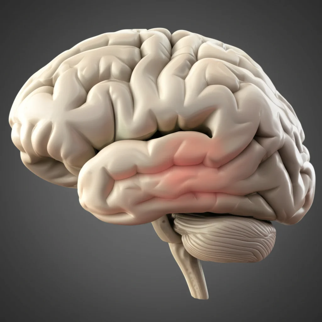 3D render of a human brain model with the hippocampus and temporal lobes subtly highlighted, precise focusing, controlled lighting, studio lighting