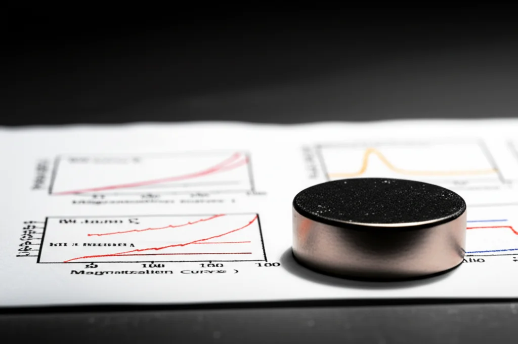 Still life object photography, 105mm macro, high detail, precise focusing, controlled lighting, image showing a sample of the magnetic material next to scientific graphs illustrating magnetization curves.