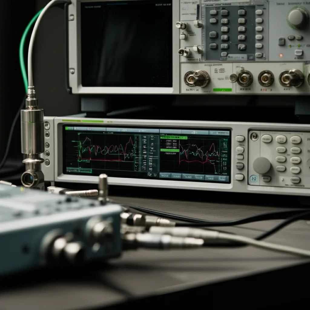 Still life object photography, 100mm macro, high detail, controlled lighting, image showing laboratory equipment used for microwave measurements like a waveguide and network analyzer.