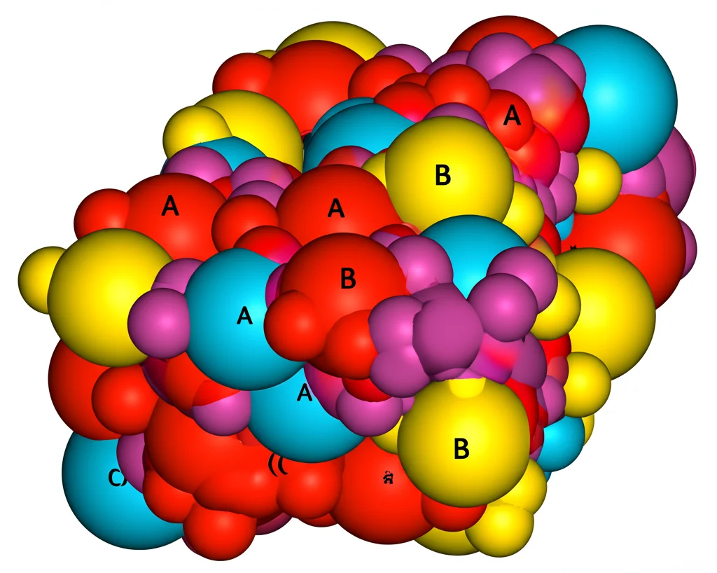 Macro lens, 60mm, high detail, image showing a conceptual model of the spinel ferrite crystal structure with different colored spheres representing atoms and indicating A and B sites.