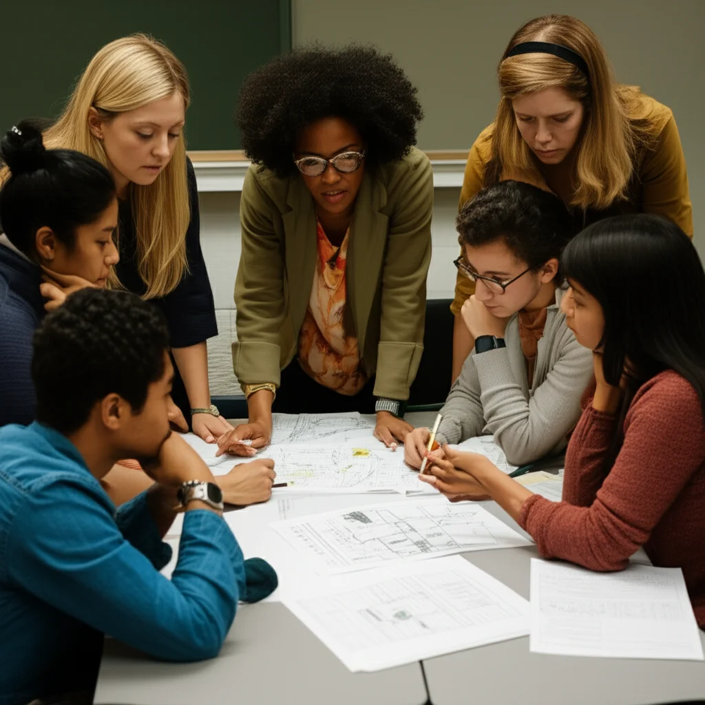 A group of preservice teachers working collaboratively on a complex mathematical modeling task, surrounded by diagrams and real-world data, classroom setting, 35mm portrait, high detail