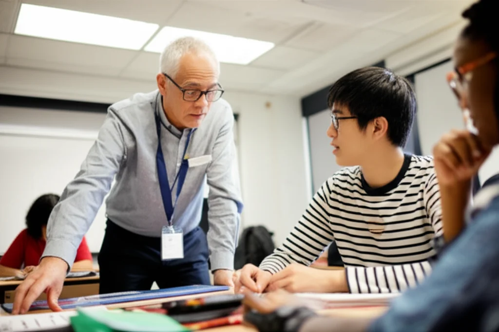 A teacher providing guidance to a student working on a math problem, the student looks thoughtful, classroom setting, depth of field, 35mm portrait