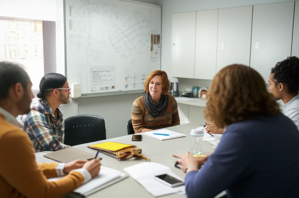 Three experienced mathematics educators discussing mathematical modeling with a group of preservice teachers, classroom setting, 35mm portrait, precise focusing