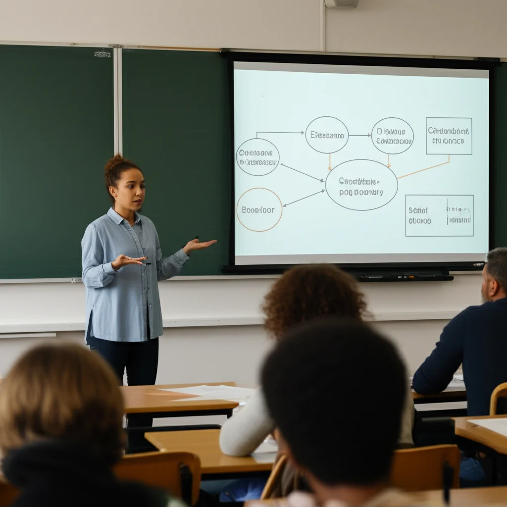 A preservice teacher confidently presenting a mathematical model diagram to a group, classroom setting, 35mm portrait, high detail