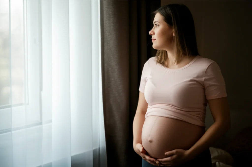 A thoughtful pregnant woman looking out a window, 35mm portrait, soft natural light, depth of field, symbolizing the contemplation of a health journey.