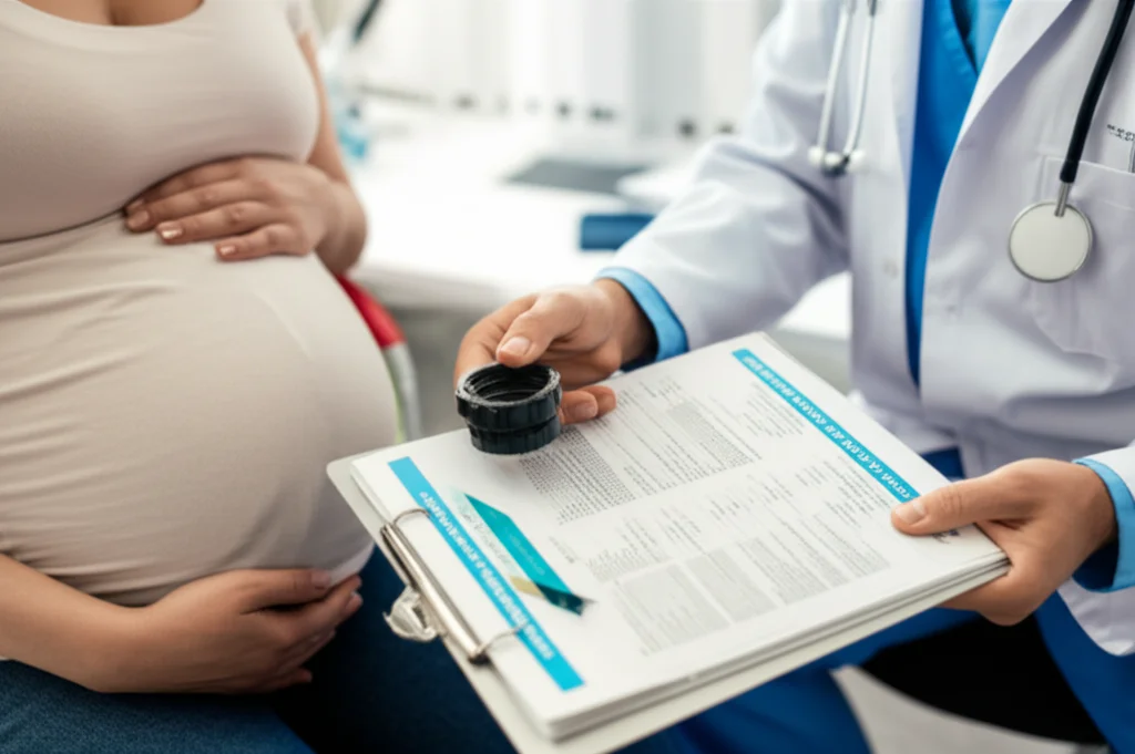 A healthcare professional reviewing charts with a pregnant patient, zoom lens, controlled lighting, focusing on hands and charts, conveying a sense of care and information sharing.