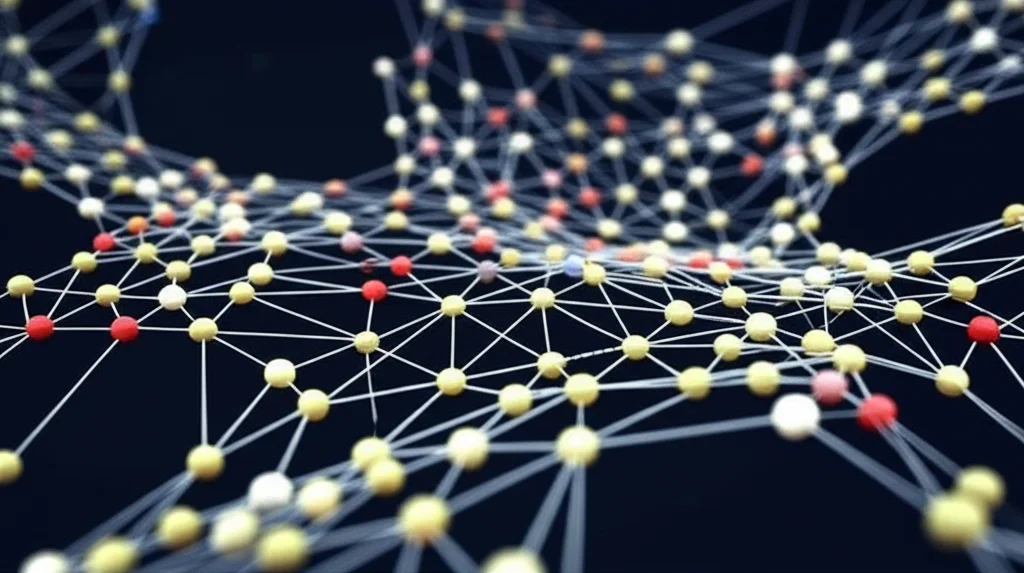 Abstract visualization of complex genomic data, nodes and edges representing a pangenome graph structure, macro lens, 60mm, high detail, precise focusing, controlled lighting.
