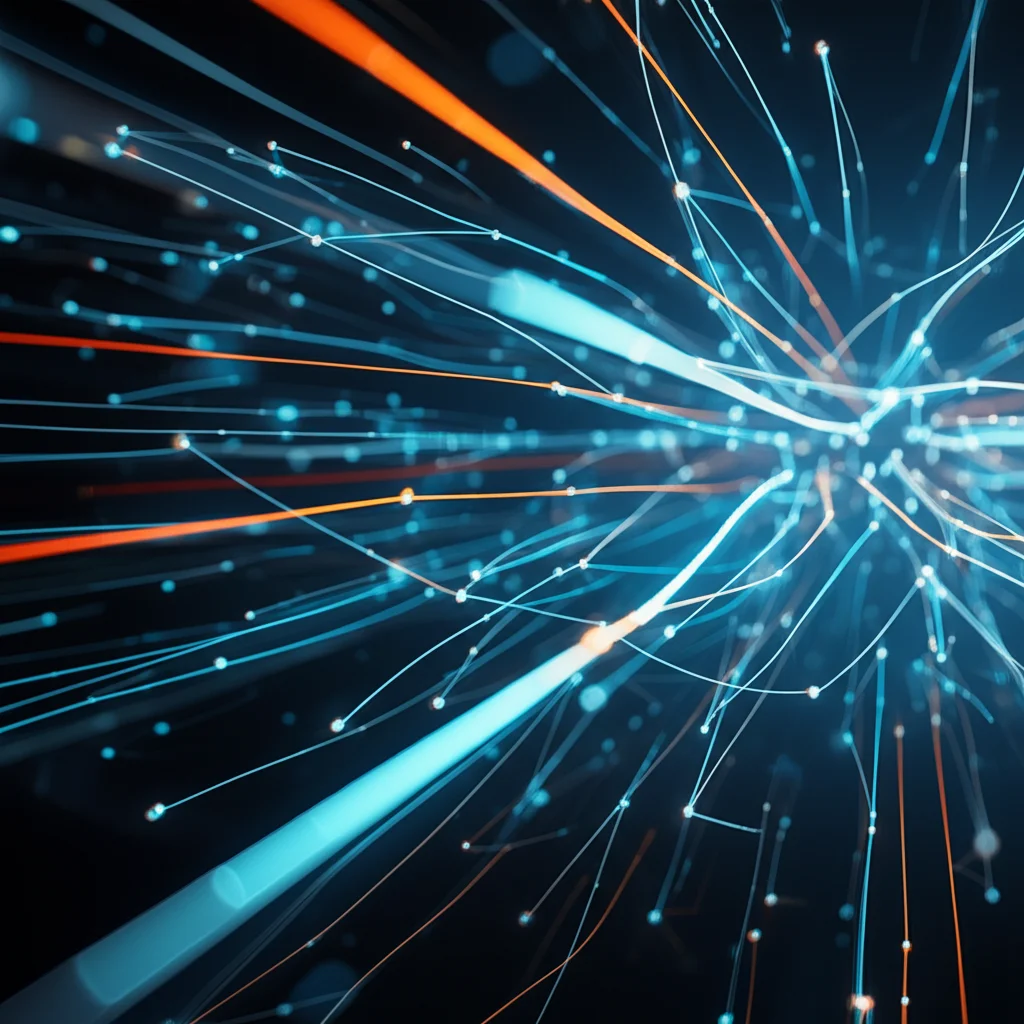 Abstract visualization showing rapid data processing and linear scaling, dynamic lines and nodes representing computational efficiency, 35mm lens, sharp focus, controlled lighting.