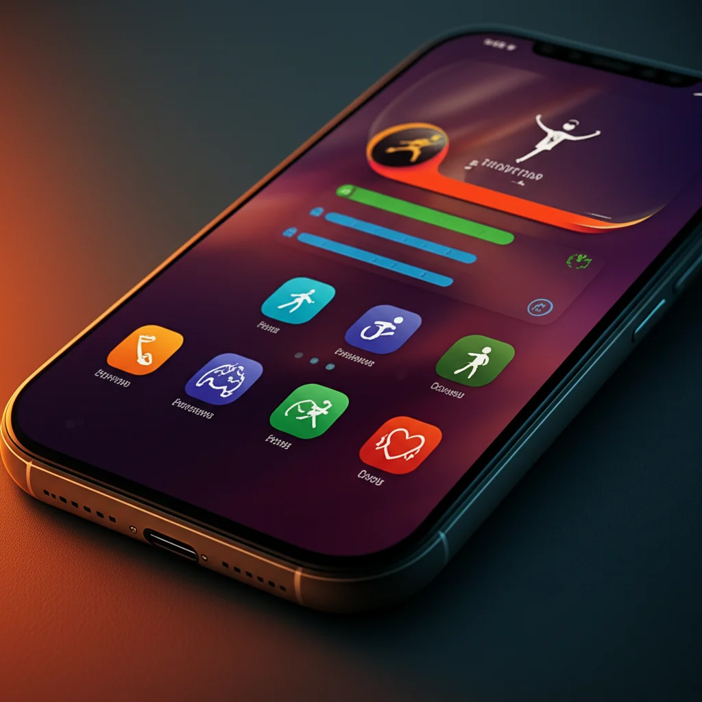 Still life image of a smartphone screen displaying a colorful health app interface with exercise icons and progress bars, 60mm Macro lens, High detail, precise focusing, controlled lighting.