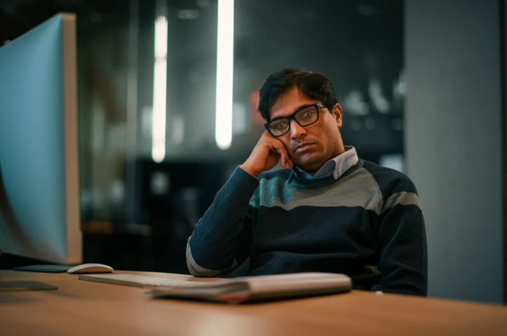 Portrait of an Indian office worker, 35mm portrait, Depth of field, looking tired and stressed while sitting at a desk with a computer, suggesting workload as a barrier.