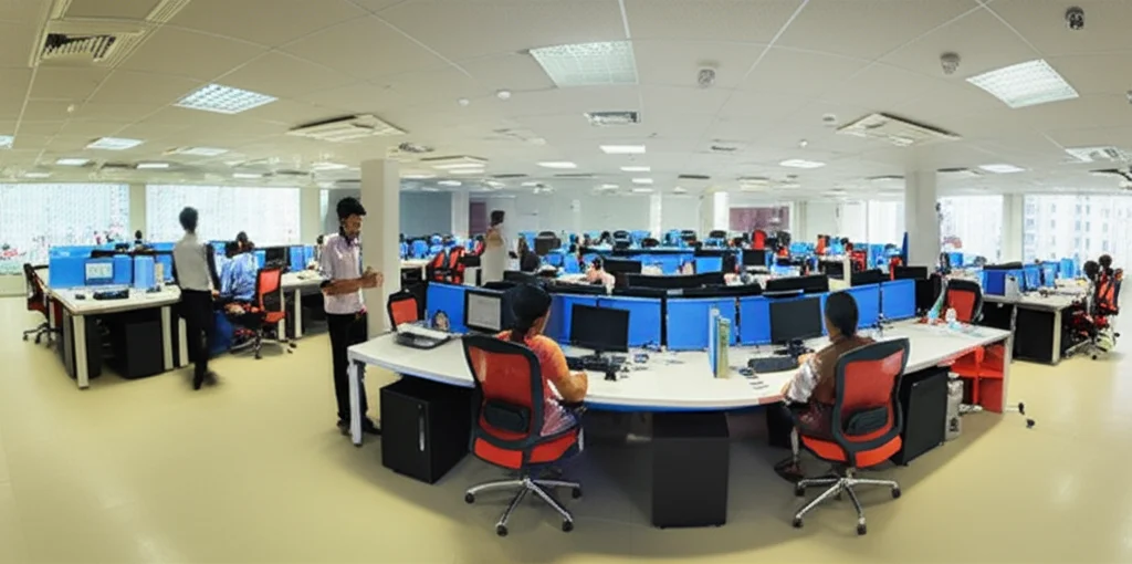 Wide-angle landscape image of a modern, open-plan office space in India, 10mm wide-angle lens, sharp focus, showing employees at desks, some standing, some sitting, illustrating the workplace environment.