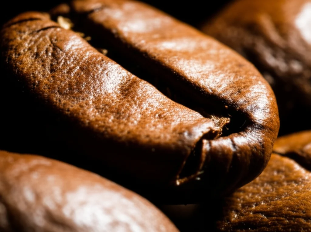 Macro photo of a coffee bean with conflicting light and shadow, 60mm macro lens, high detail, precise focusing.