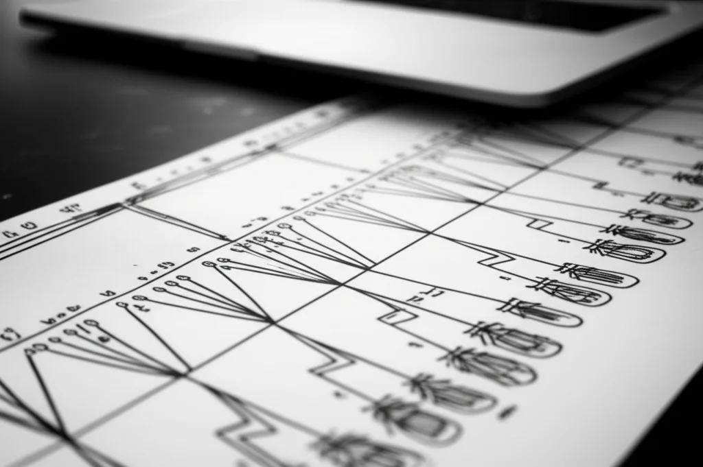 Still life of a complex decision tree or diagram on a desk, 100mm macro lens, precise focusing, controlled lighting.
