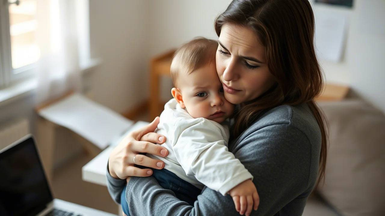 35mm portrait, a woman looking stressed while holding a baby, subtle hint of a laptop or work papers in the background, depth of field