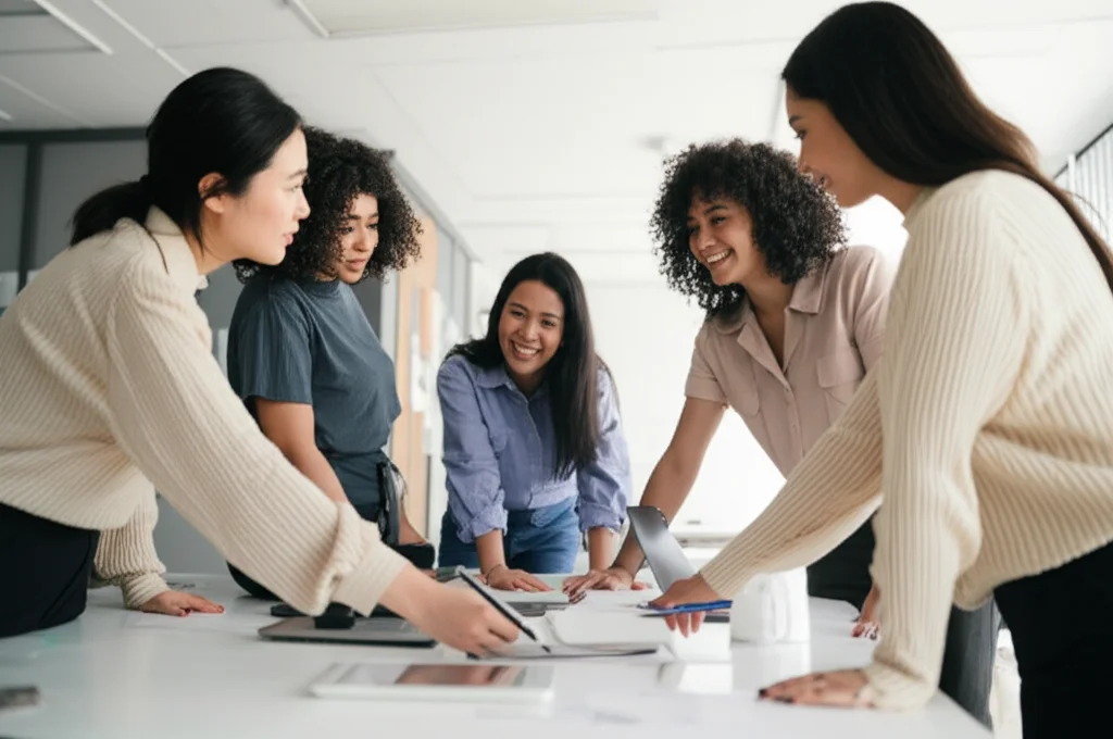 Wide-angle 24mm, a group of diverse women in a modern, bright office collaborating, conveying a sense of support and well-being, sharp focus