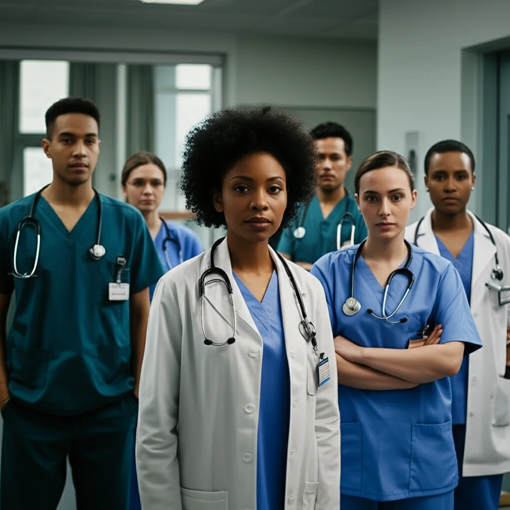 Photorealistic portrait of a diverse group of emergency department clinicians (nurses and physicians) in a busy hospital setting, 35mm portrait, depth of field, controlled lighting.