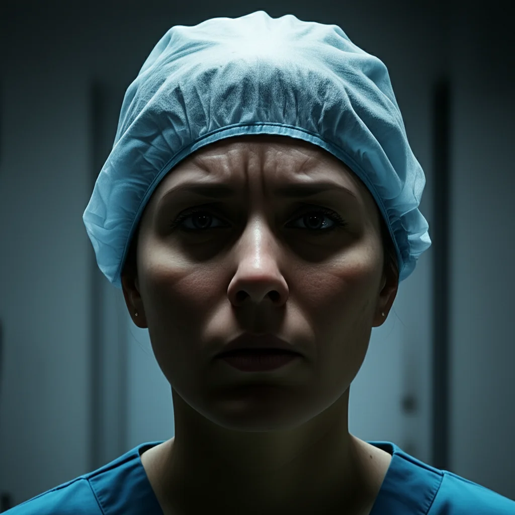 Photorealistic portrait of an emergency department nurse looking stressed or burnt out, 24mm portrait, film noir, depth of field.