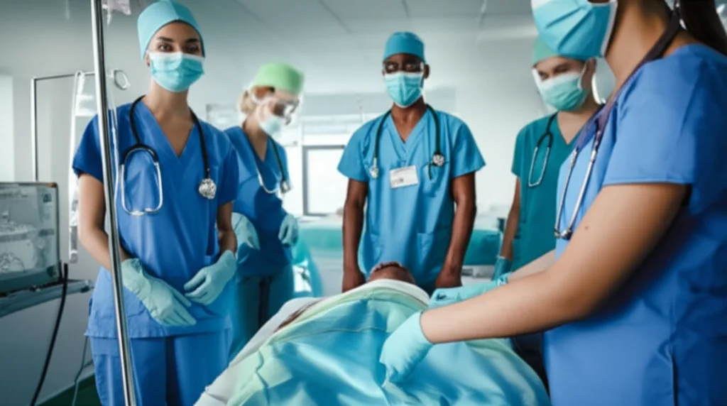 Photorealistic image of an emergency department team (nurses and physicians) working together on patient care, 24mm portrait, fast shutter speed, movement tracking, high detail.