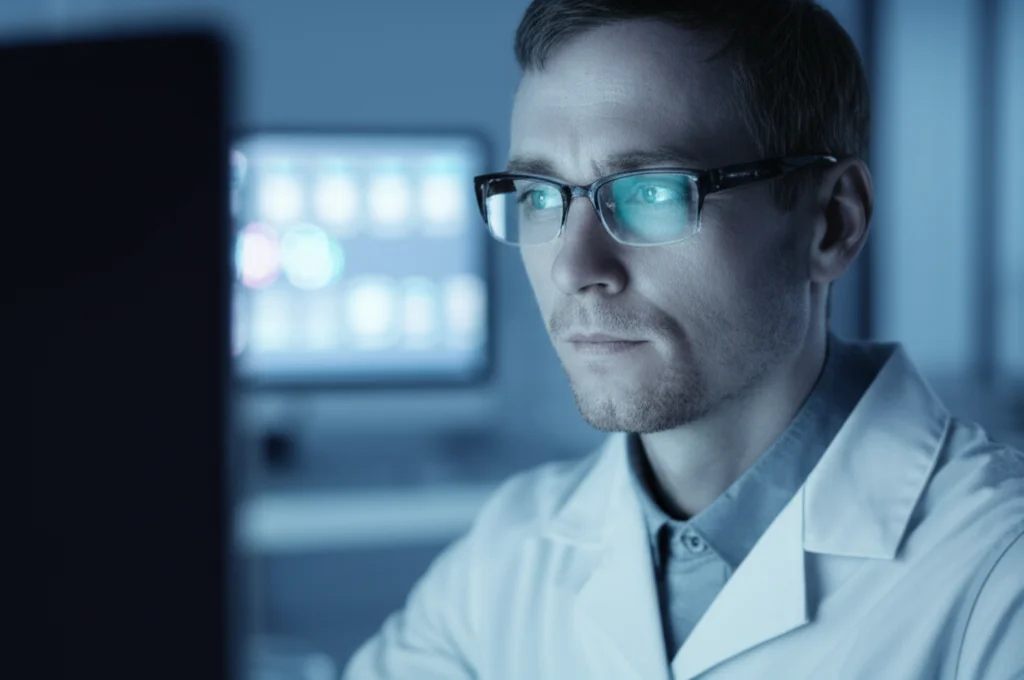 Portrait of a medical researcher looking intently at a computer screen displaying complex data visualizations related to AI analysis, 35mm portrait, depth of field, blue and grey duotones.