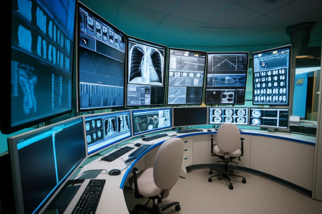 Wide-angle shot of a modern radiology reading room with multiple screens displaying medical images, suggesting the integration of technology and human expertise, 24mm wide-angle, sharp focus.