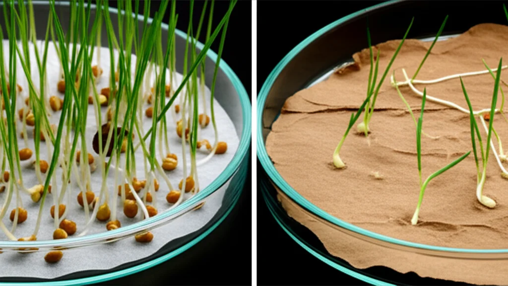 Macro lens, 80mm, high detail, precise focusing, controlled lighting: A close-up shot of healthy perennial ryegrass seedlings with strong roots growing in a petri dish with filter paper, contrasting with stunted seedlings in another dish under simulated severe drought stress.