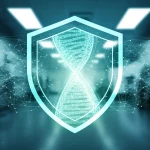 A conceptual, photorealistic image symbolizing the secure handling of personal health data in a futuristic healthcare setting. Abstract representation of data streams forming a DNA helix, protected by a glowing shield network. Prime lens, 35mm, depth of field, duotone with calming blue and reassuring green, high detail.
