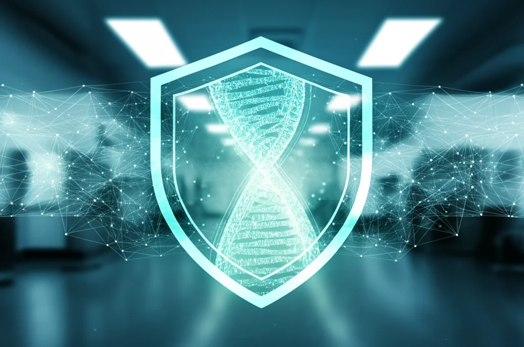 A conceptual, photorealistic image symbolizing the secure handling of personal health data in a futuristic healthcare setting. Abstract representation of data streams forming a DNA helix, protected by a glowing shield network. Prime lens, 35mm, depth of field, duotone with calming blue and reassuring green, high detail.