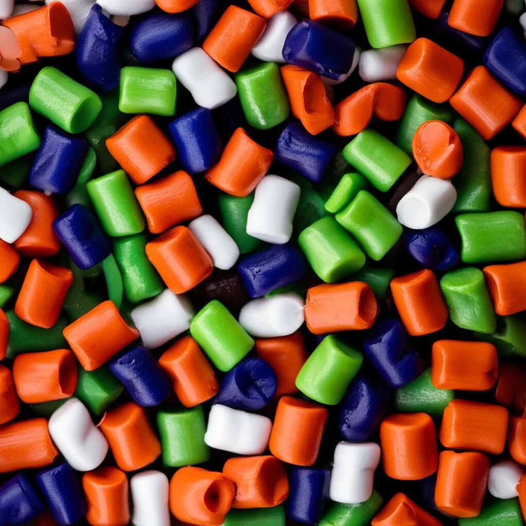 Macro lens, 60mm, high detail, controlled lighting, still life arrangement of different colored and shaped tiny plastic particles, representing PVC, PP, and PA.