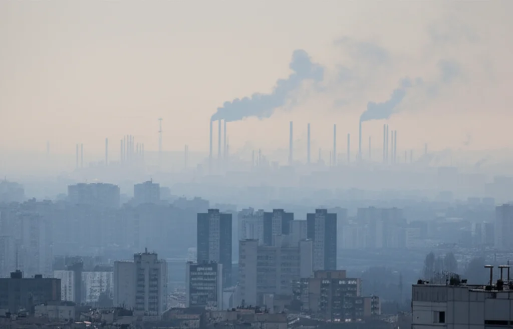 Wide-angle lens, 24mm, landscape photo of a hazy city skyline with industrial emissions, sharp focus, representing airborne pollution.