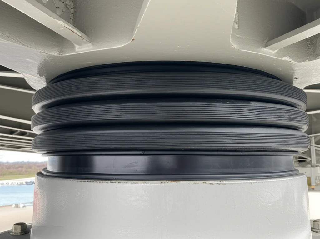 Photorealistic detailed view of a bridge column base and elastomeric bearing pad, macro lens 105mm, precise focusing, controlled lighting.