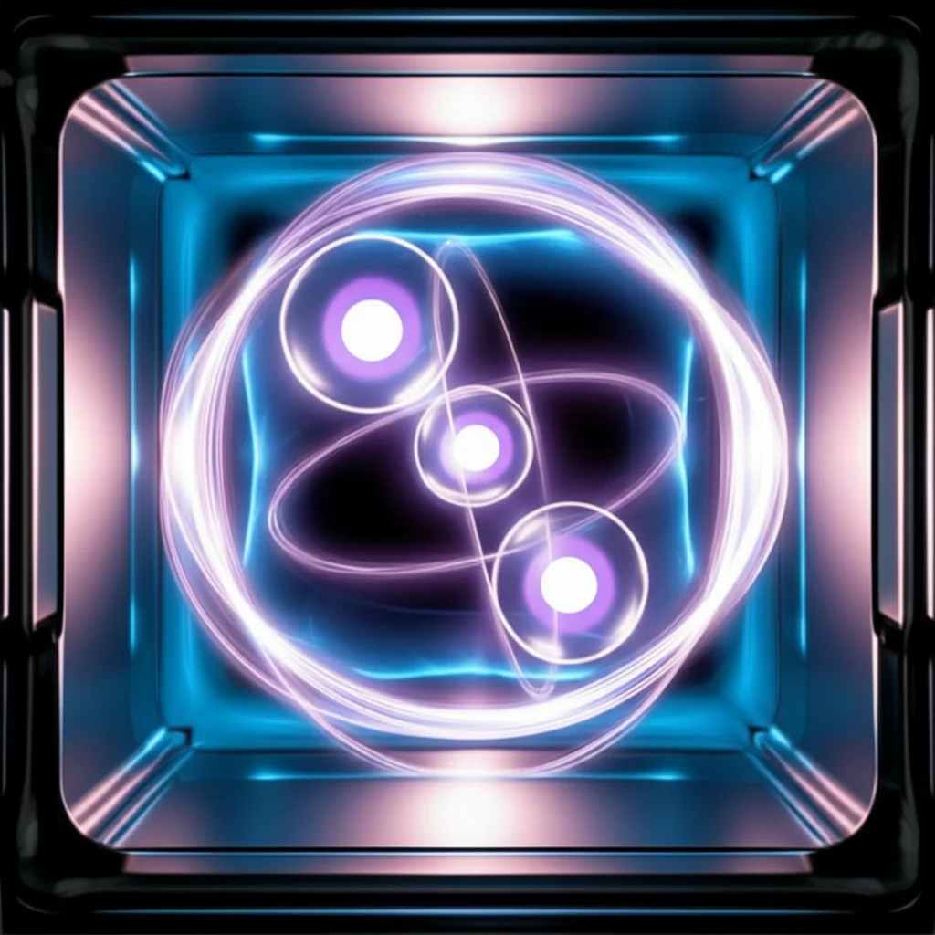 Photorealistic conceptual image showing three glowing quantum atoms (represented by spheres) interacting with swirling light energy (represented by waves) inside a stylized optical cavity. The cavity walls appear slightly distorted, hinting at the Kerr medium effect. Macro lens, 80mm, high detail, precise focusing, controlled lighting, quantum physics illustration.